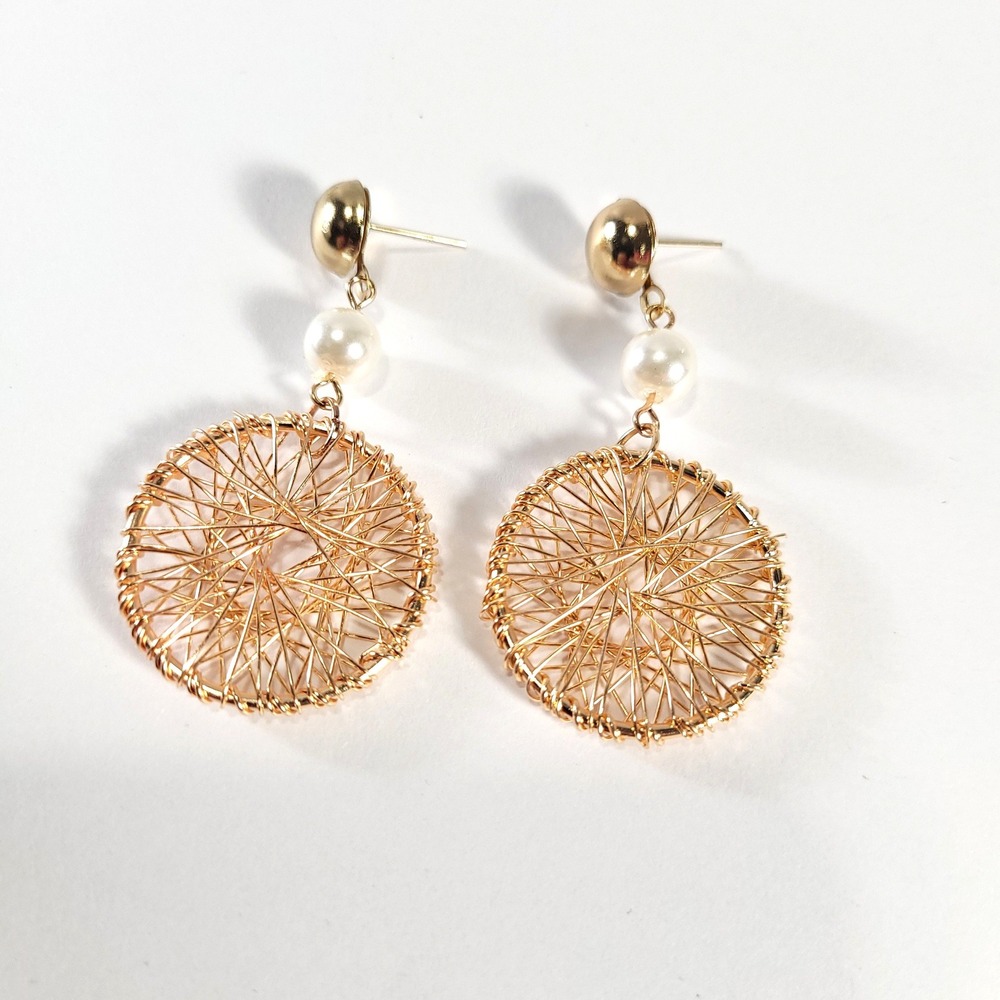 Wire‎ Wrapped Nest Drop Earrings Women Gold Faux Pearl Round Dangle Studs